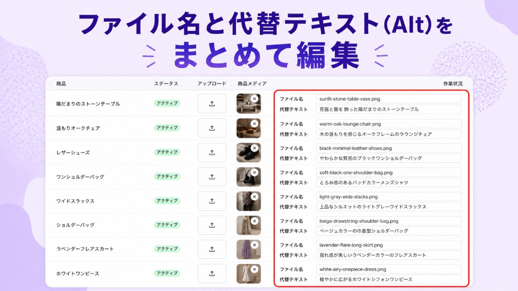 ファイル名と代替テキスト(Alt)をまとめて編集する画面
