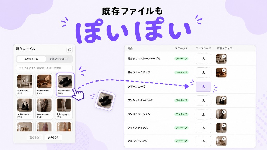 既存ファイルライブラリから商品一覧へドラッグ＆ドロップで画像を登録する画面